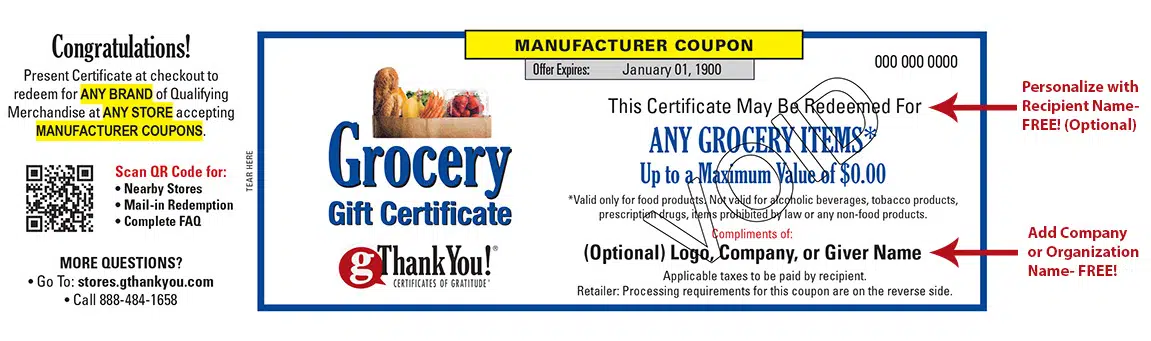 A gThankYou! Grocery Gift Certificate can be personalized – for free!